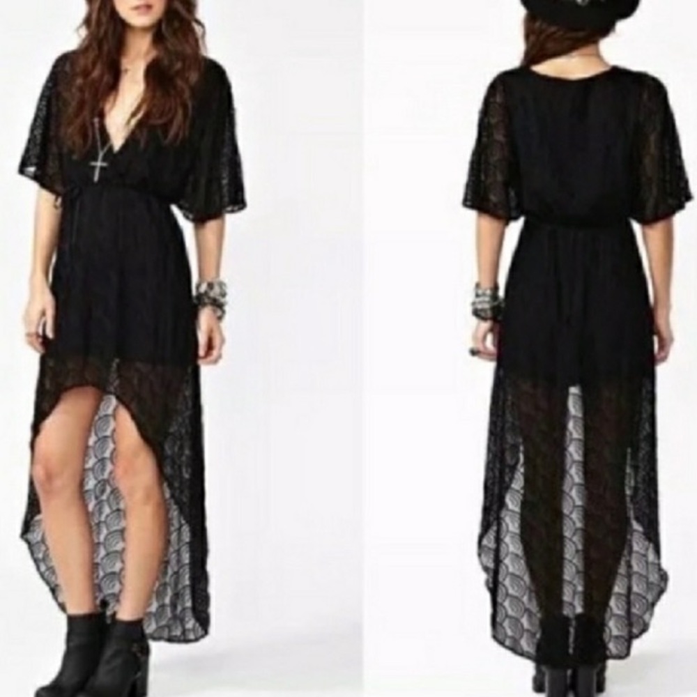 For love and lemons- sz L- hi low black silk dress